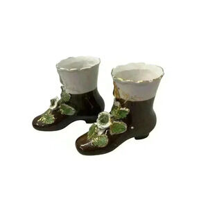 Set of Vintage Porcelain Miniature Shoe Vases Brown with Applied Flowers 3" Tall